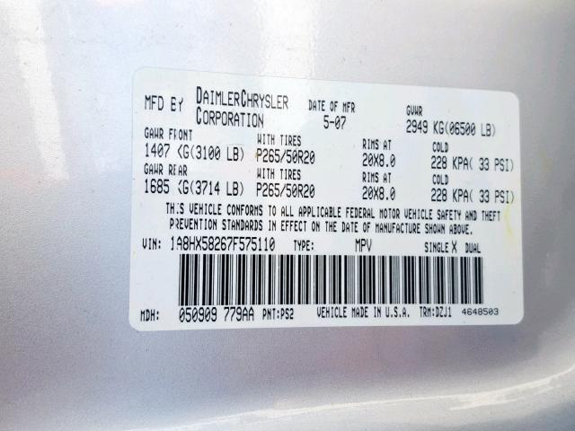 1A8HX58267F575110 - 2007 CHRYSLER ASPEN LIMI SILVER photo 10