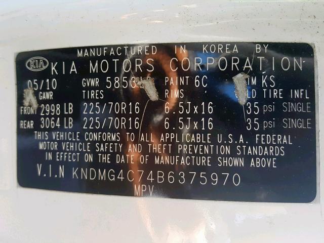 KNDMG4C74B6375970 - 2011 KIA SEDONA LX WHITE photo 10