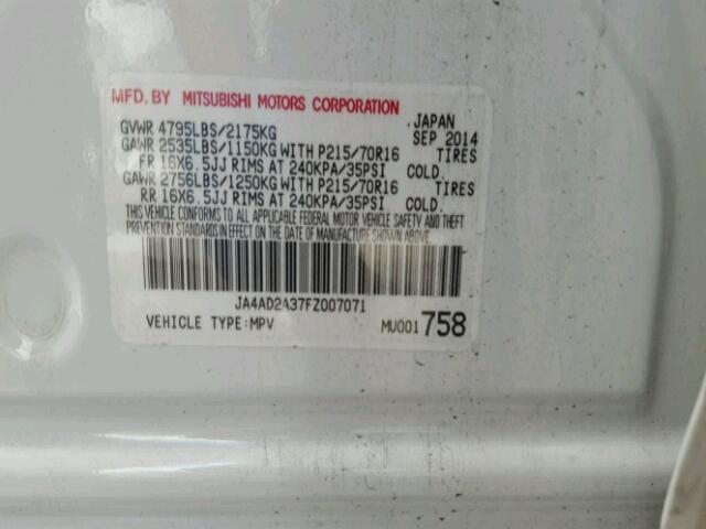 JA4AD2A37FZ007071 - 2015 MITSUBISHI OUTLANDER WHITE photo 10