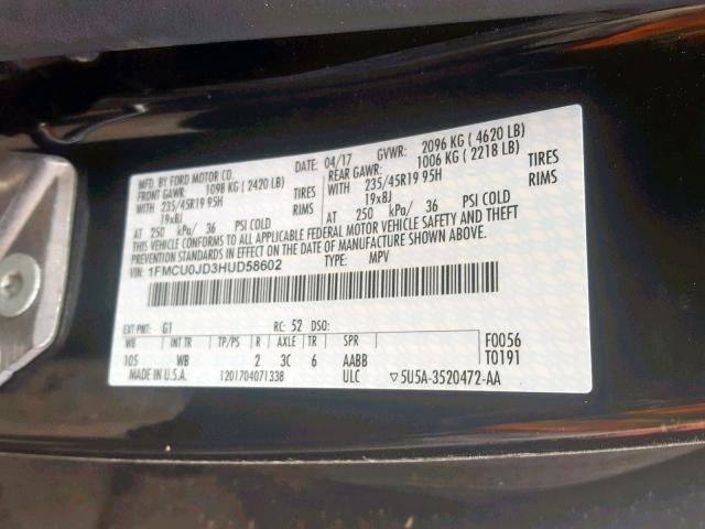 1FMCU0JD3HUD58602 - 2017 FORD ESCAPE TIT BLACK photo 10