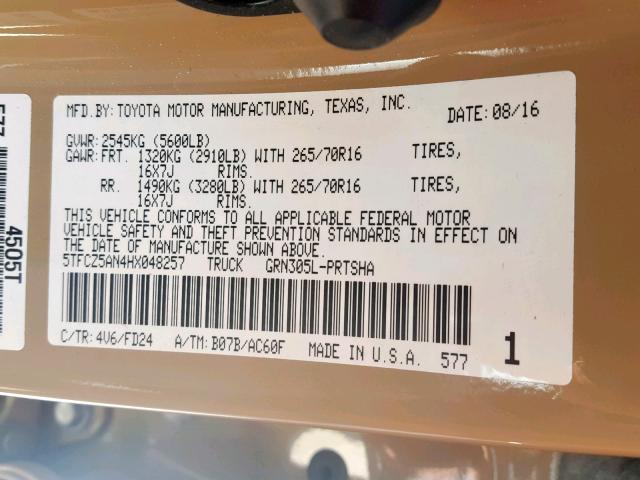 5TFCZ5AN4HX048257 - 2017 TOYOTA TACOMA DOU GOLD photo 10