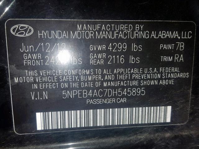 5NPEB4AC7DH545895 - 2013 HYUNDAI SONATA GLS BLACK photo 10