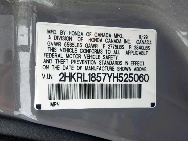 2HKRL1857YH525060 - 2000 HONDA ODYSSEY LX GRAY photo 10