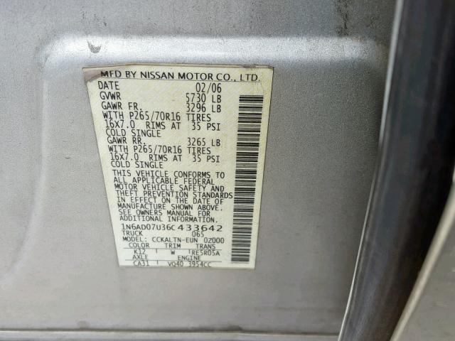 1N6AD07U36C433642 - 2006 NISSAN FRONTIER C SILVER photo 10