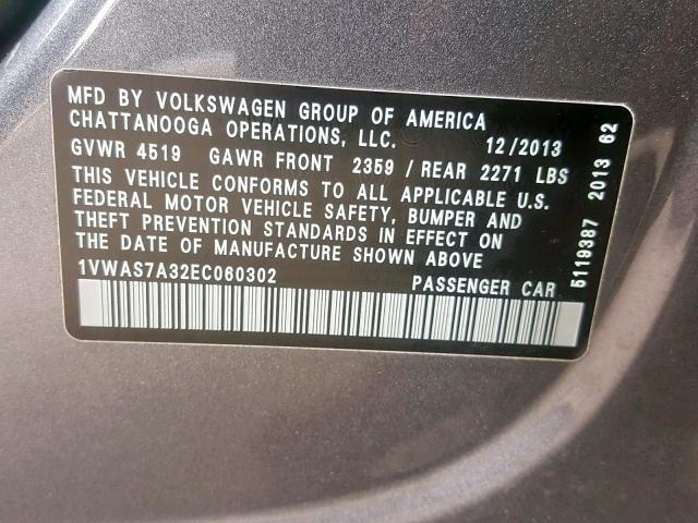 1VWAS7A32EC060302 - 2014 VOLKSWAGEN PASSAT S GRAY photo 10