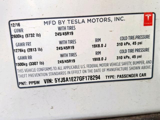 5YJSA1E27GF178294 - 2016 TESLA MODEL S WHITE photo 10