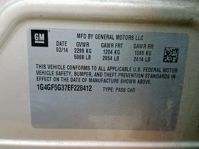 1G4GF5G37EF228412 - 2014 BUICK LACROSSE T BEIGE photo 10