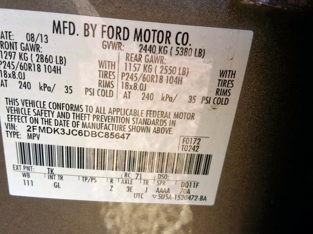 2FMDK3JC6DBC85647 - 2013 FORD EDGE SEL GRAY photo 10