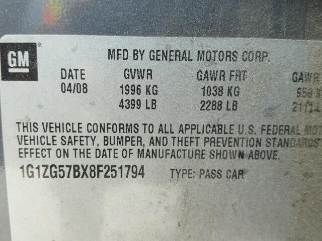 1G1ZG57BX8F251794 - 2008 CHEVROLET MALIBU LS 灰色 照片 10