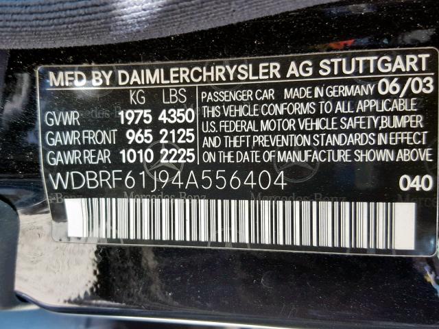 WDBRF61J94A556404 - 2004 MERCEDES-BENZ C 240 BLACK photo 10