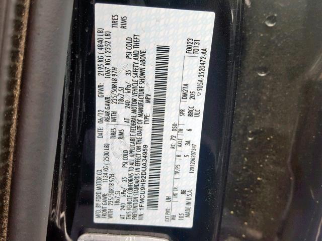 1FMCU9H92DUA34959 - 2013 FORD ESCAPE SEL BLACK photo 10