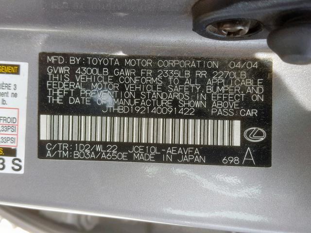 JTHBD192140091422 - 2004 LEXUS IS 300 CHARCOAL photo 10