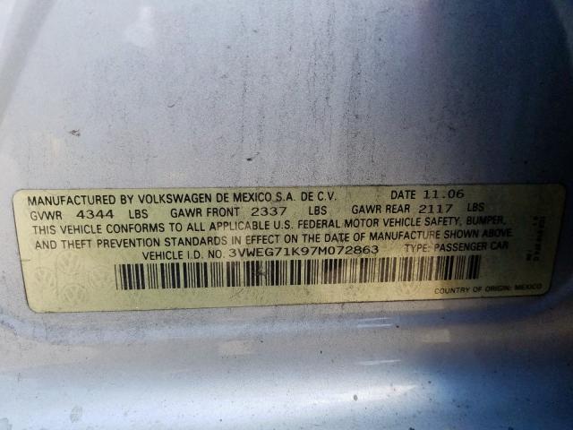 3VWEG71K97M072863 - 2007 VOLKSWAGEN JETTA WOLFSBURG  照片 10