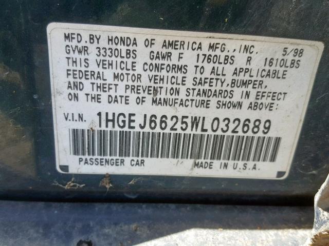 1HGEJ6625WL032689 - 1998 HONDA CIVIC DX GREEN photo 10