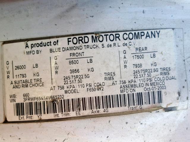 3FRWF65N14V665232 - 2004 FORD F650 SUPER WHITE photo 10