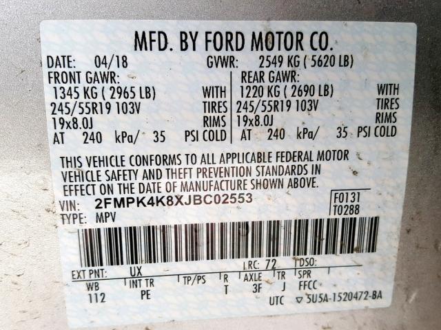 2FMPK4K8XJBC02553 - 2018 FORD EDGE TITAN SILVER photo 10