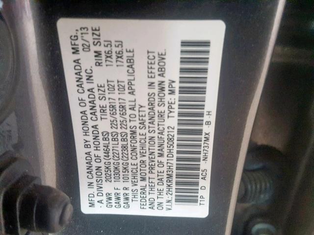 2HKRM3H71DH508212 - 2013 HONDA CR-V EXL BLACK photo 10