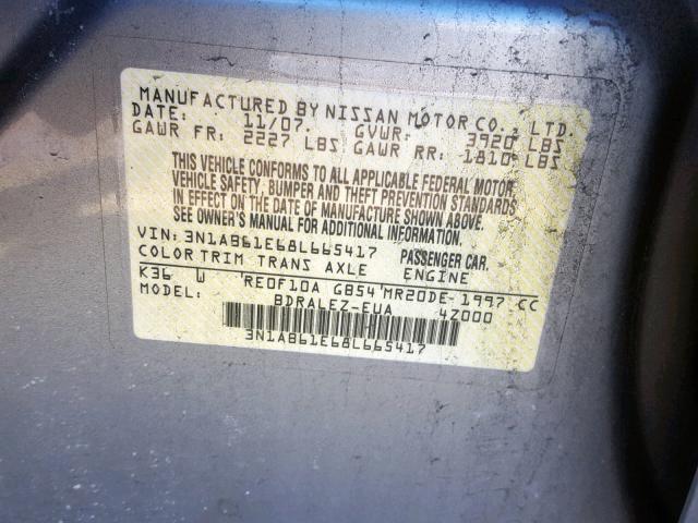 3N1AB61E68L665417 - 2008 NISSAN SENTRA 2.0 GRAY photo 10