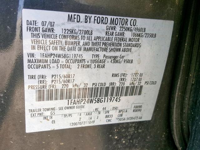 1FAHP24W58G119745 - 2008 FORD TAURUS SEL CHARCOAL photo 10