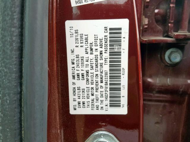 1HGCP2F81BA032987 - 2011 HONDA ACCORD EXL BURGUNDY photo 10