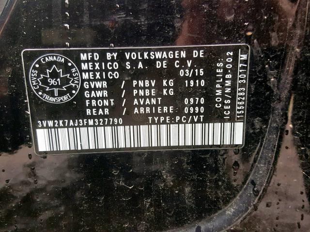 3VW2K7AJ3FM327790 - 2015 VOLKSWAGEN JETTA BASE BLACK photo 10