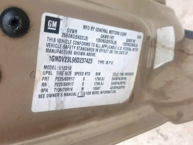 1GNDV23L96D237423 - 2006 CHEVROLET UPLANDER L 金色 照片 10