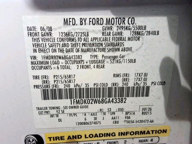 1FMDK02W68GA43382 - 2008 FORD TAURUS X S WHITE photo 10