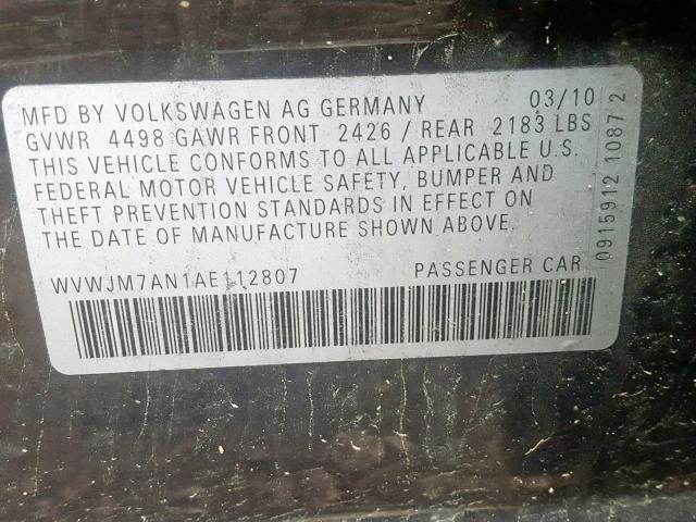 WVWJM7AN1AE112807 - 2010 VOLKSWAGEN PASSAT KOM BLACK photo 10