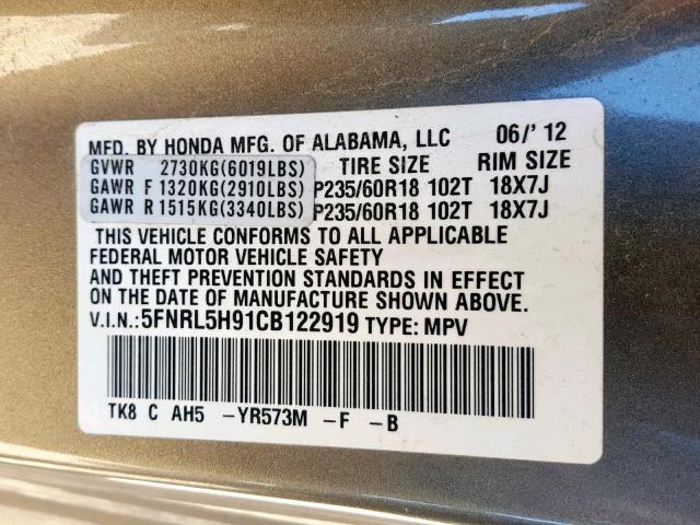 5FNRL5H91CB122919 - 2012 HONDA ODYSSEY TO BEIGE photo 10