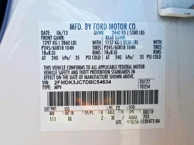 2FMDK3JC7DBC54634 - 2013 FORD EDGE SEL WHITE photo 10