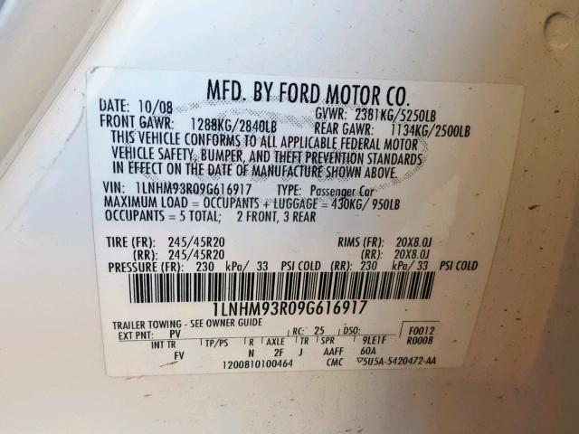 1LNHM93R09G616917 - 2009 LINCOLN MKS WHITE photo 10