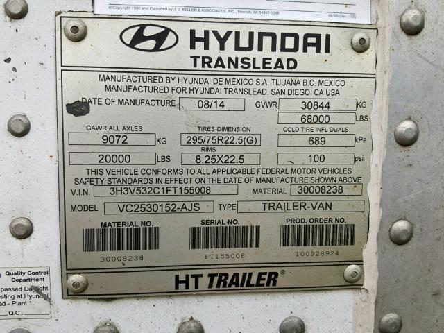 3H3V532C1FT155008 - 2015 HYUNDAI TRANSLEAD WHITE photo 10