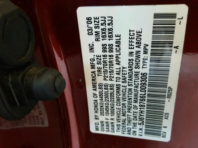 5J6YH18766L009306 - 2006 HONDA ELEMENT EX MAROON photo 10