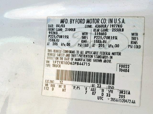 1FTYR10D63PB44715 - 2003 FORD RANGER WHITE photo 10