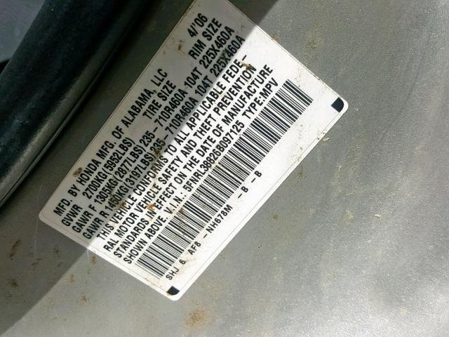 5FNRL38826B097125 - 2006 HONDA ODYSSEY TO SILVER photo 10