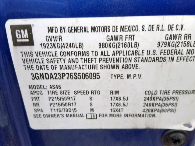 3GNDA23P76S506095 - 2006 CHEVROLET HHR LT BLUE photo 10