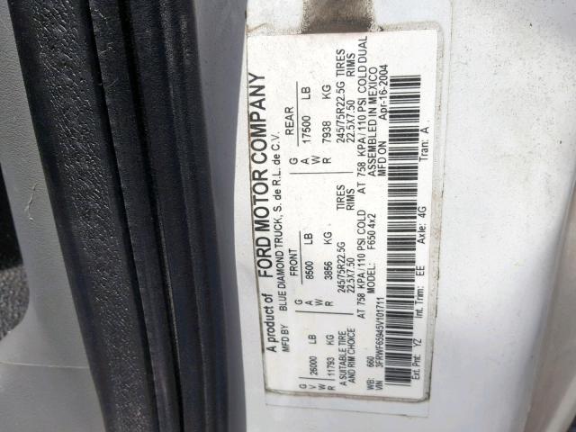 3FRWF65945V101711 - 2005 FORD F650 SUPER WHITE photo 10