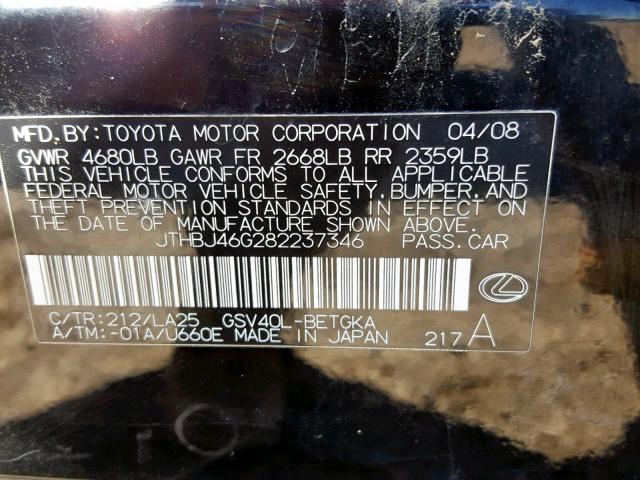 JTHBJ46G282237346 - 2008 LEXUS ES 350 BLACK photo 10