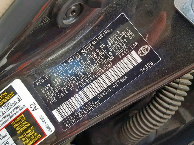 4T1BK3DB4BU388597 - 2011 TOYOTA AVALON BAS BLACK photo 10