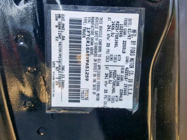 1FTCR10A8VPA51259 - 1997 FORD RANGER BLACK photo 10