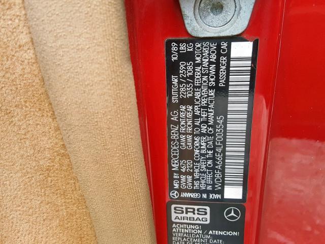 WDBFA66E4LF003545 - 1990 MERCEDES-BENZ 500 SL RED photo 10