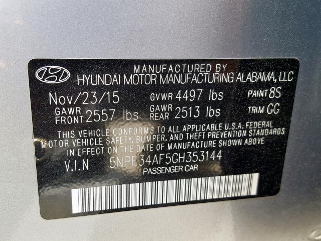 5NPE34AF5GH353144 - 2016 HYUNDAI SONATA SPO GRAY photo 10