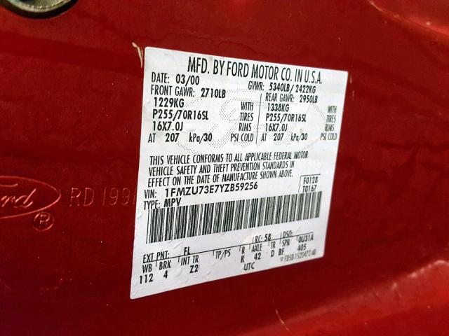 1FMZU73E7YZB59256 - 2000 FORD EXPLORER X RED photo 10