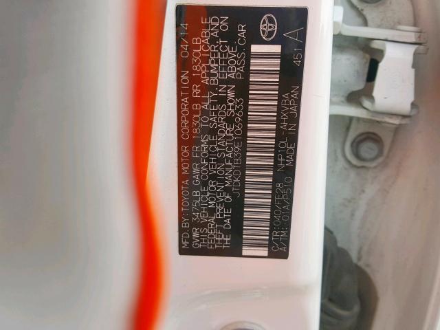 JTDKDTB39E1069633 - 2014 TOYOTA PRIUS C WHITE photo 10