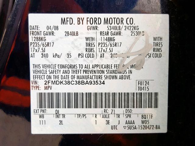 2FMDK38C38BA93534 - 2008 FORD EDGE SEL BLACK photo 10