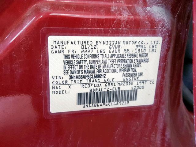 3N1AB6AP6CL689212 - 2012 NISSAN SENTRA 2.0 RED photo 10