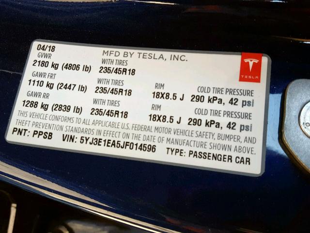 5YJ3E1EA5JF014596 - 2018 TESLA MODEL 3 BLUE photo 10