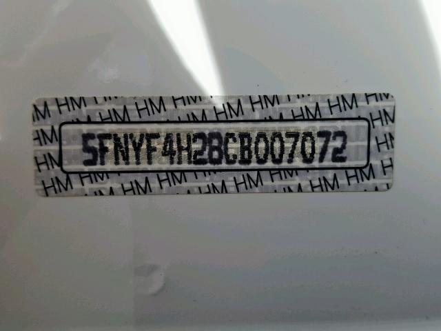 5FNYF4H28CB007072 - 2012 HONDA PILOT LX WHITE photo 10