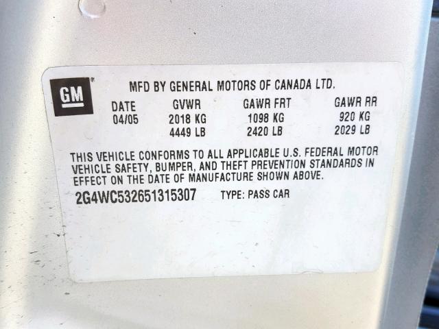 2G4WC532651315307 - 2005 BUICK LACROSSE C SILVER photo 10