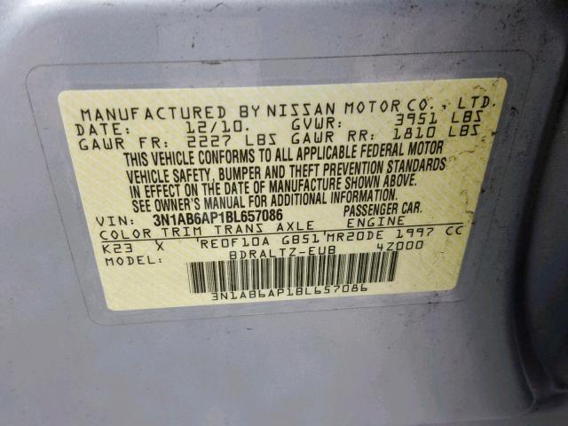 3N1AB6AP1BL657086 - 2011 NISSAN SENTRA 2.0 SILVER photo 10